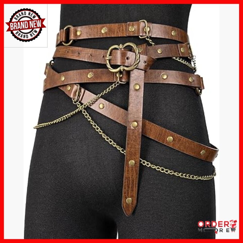 Vintage Adjustable Faux Leather Chain Belt, Medieval Thin Belt for Dresses